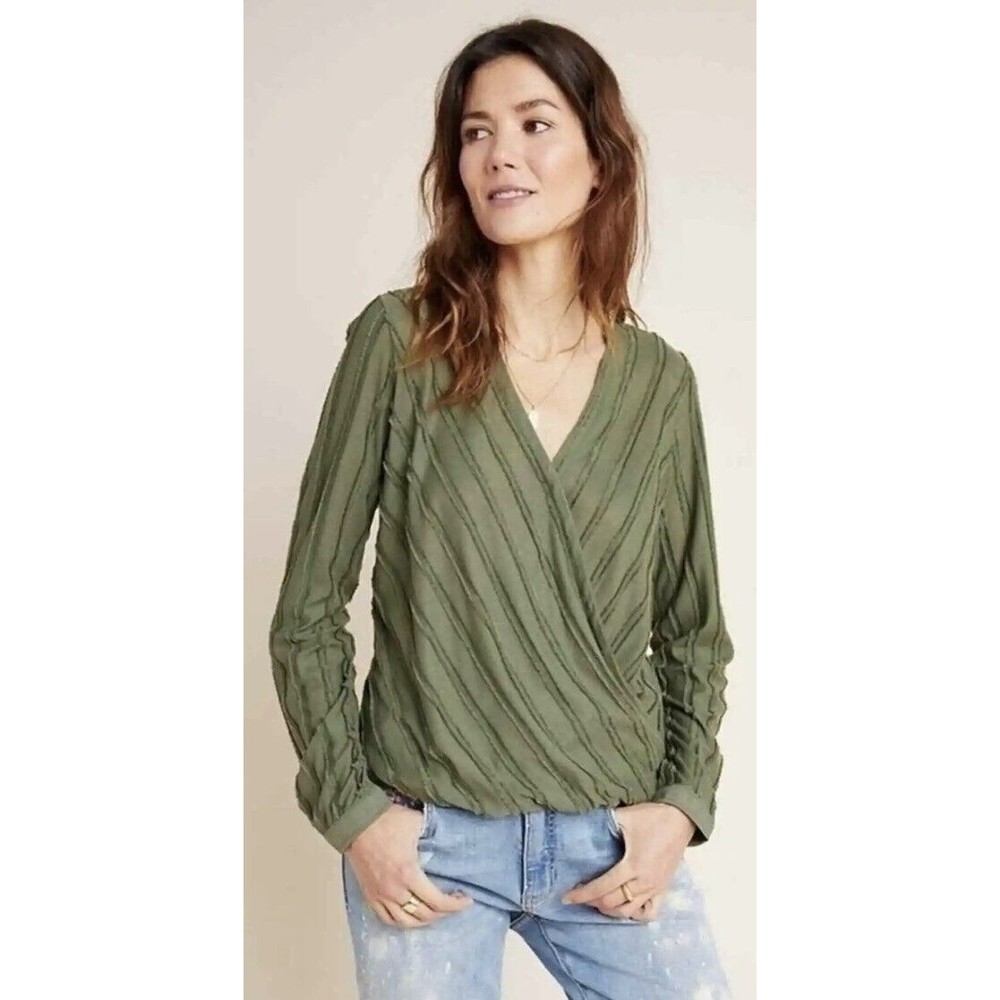 Anthropologie Top size xs Faux Wrap Olive Green Textured Long Sleeve Maeve Audre